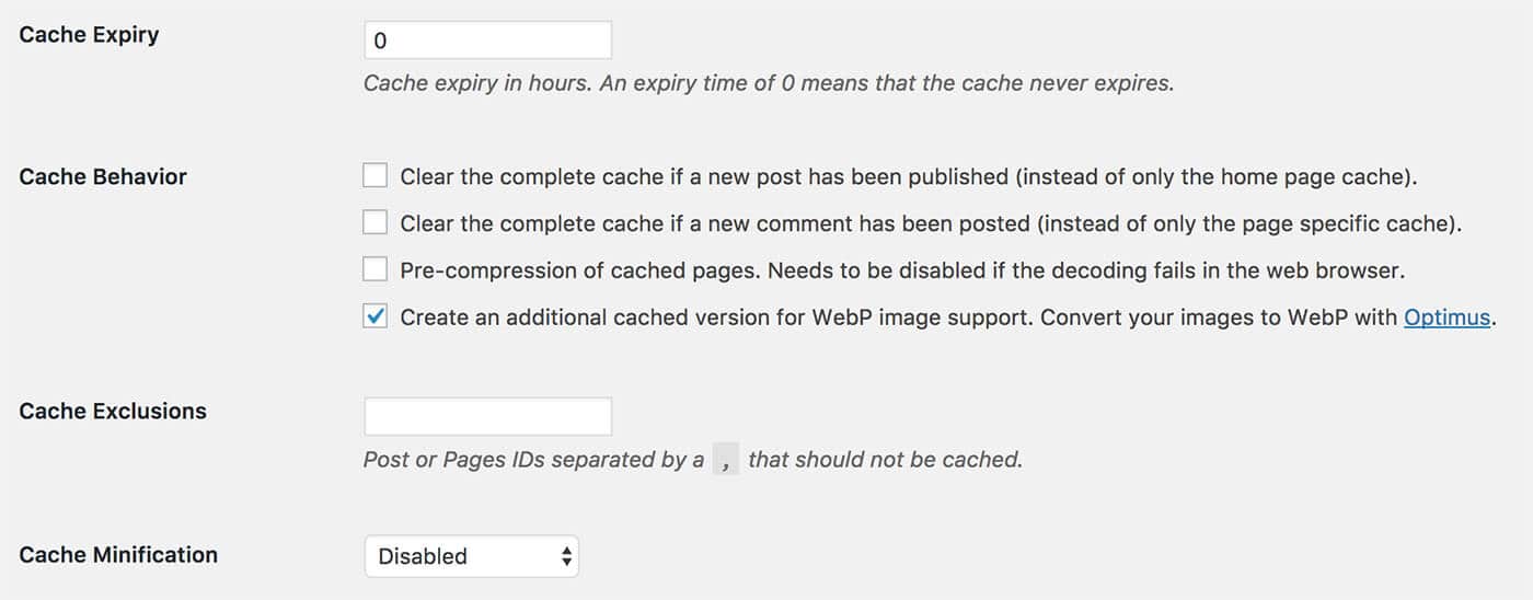 WordPress Cache Enabler Plugin - WebP Image Settings