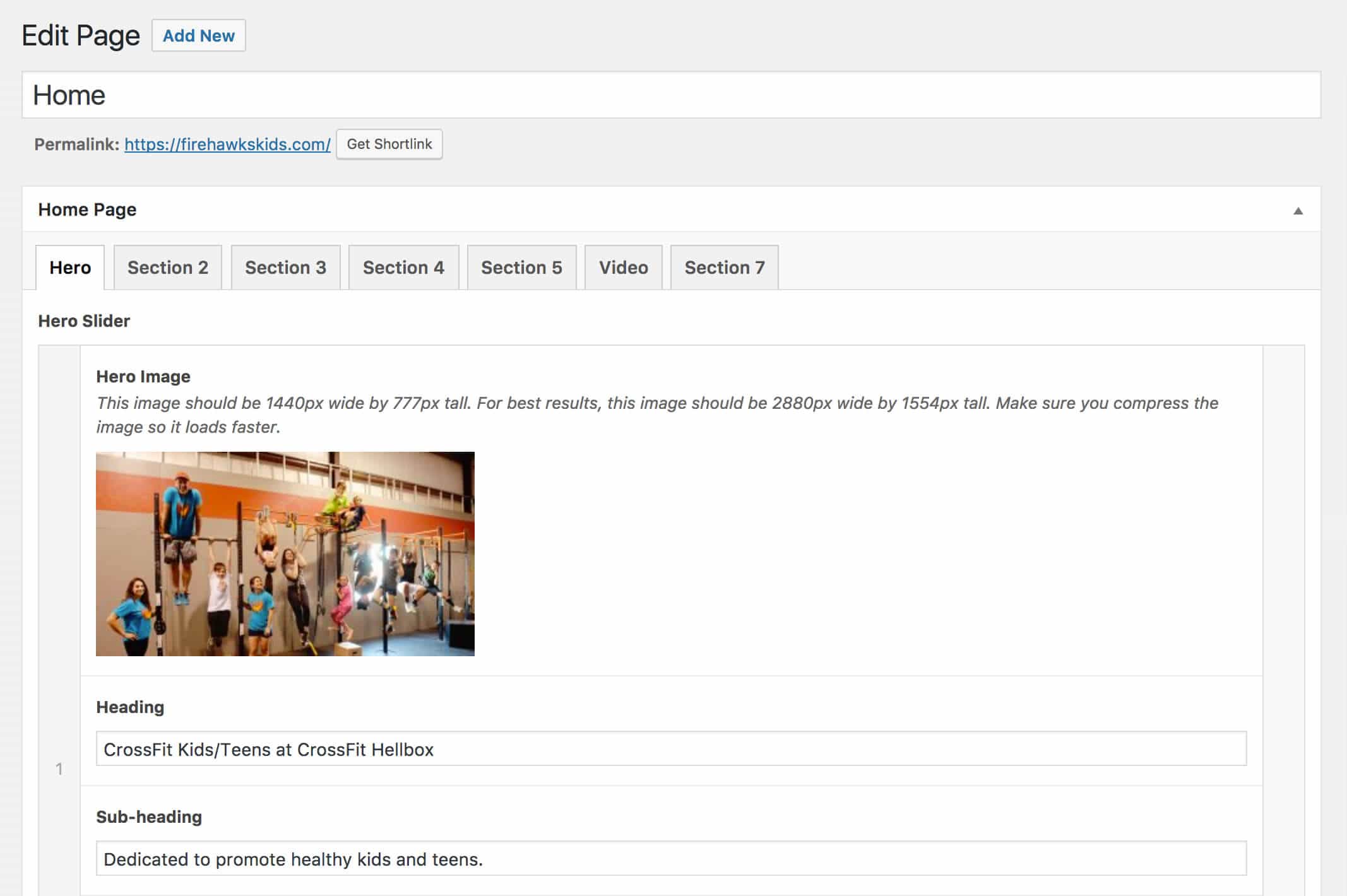 WordPress website design screenshot of admin area for a page